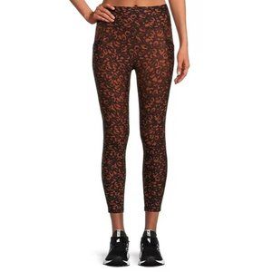 Kinesis Leggings Black Orange Cheetah Mid Rise Pockets Ankle Crop